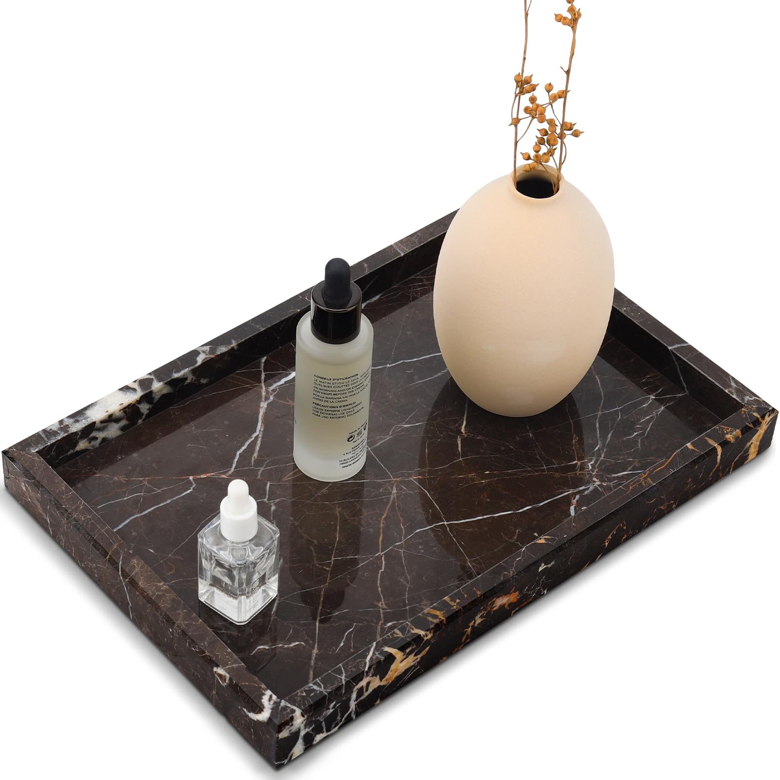 Zilukar marble tray on bathroom vanity showing natural veining and anti-slip base