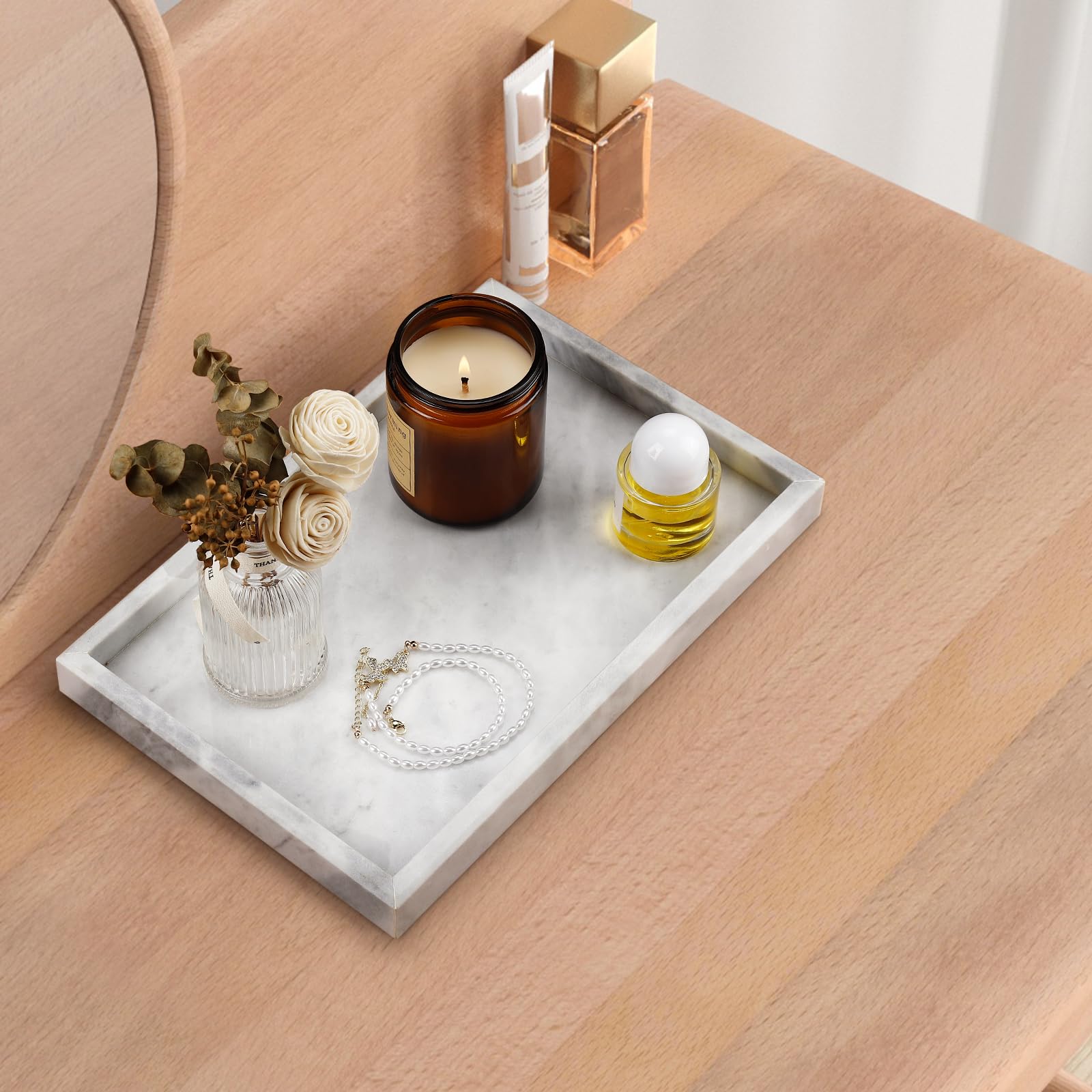 Zilukar marble tray candles perfume area creates a serene display and easy access.