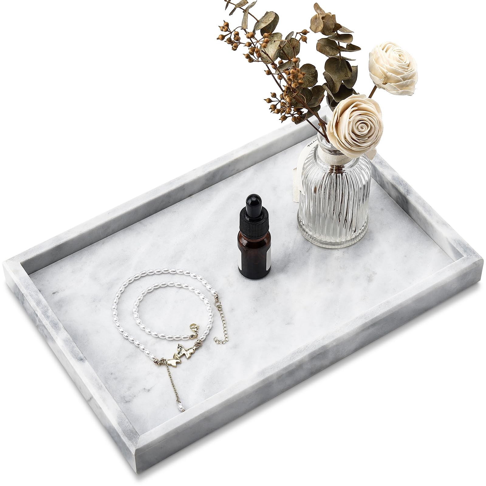 Zilukar marble tray rectangle vanity with elegant veining for organized cosmetics.