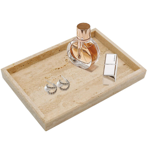 Zilukar travertine tray on bathroom counter with anti-skid bottom for secure organization.