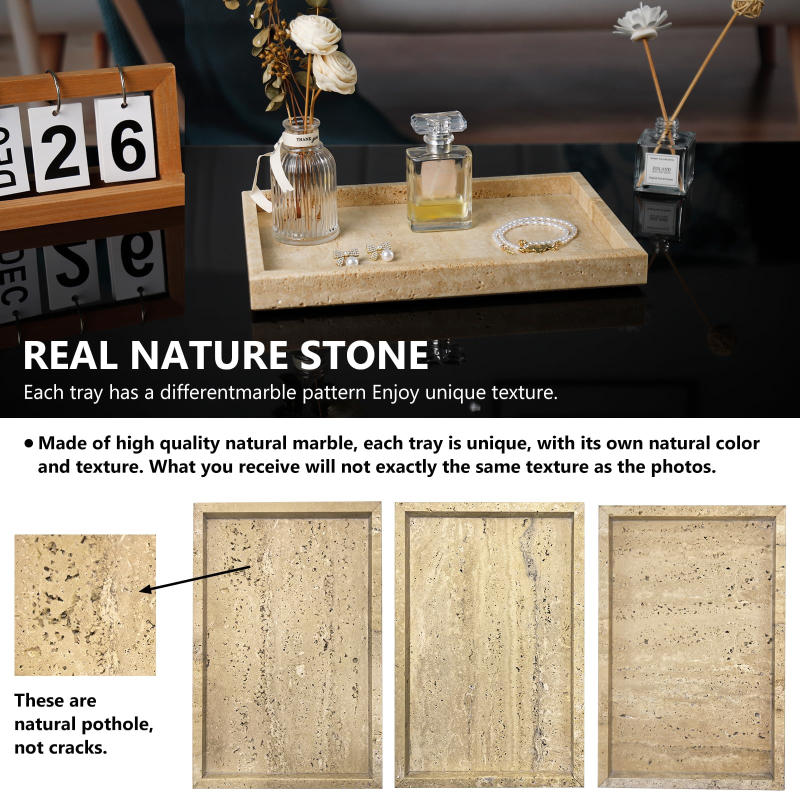Zilukar travertine tray on kitchen counter holding candles and small jars.