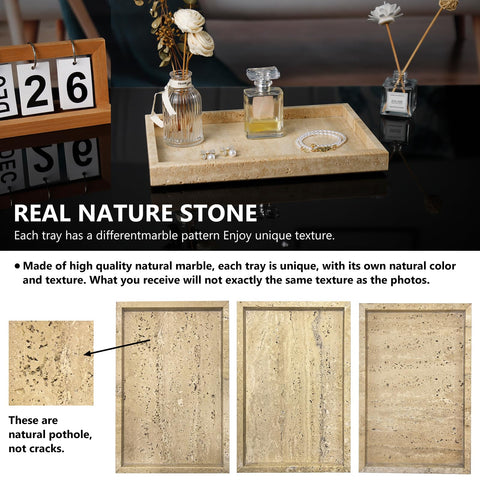 Zilukar travertine tray on kitchen counter holding candles and small jars.