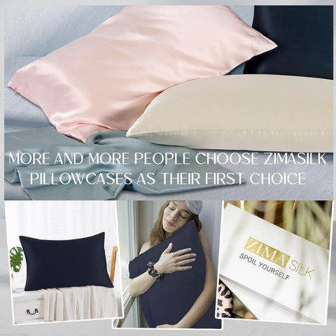 ZIMASILK pillowcase image highlighting 180-day warranty and quality assurance.