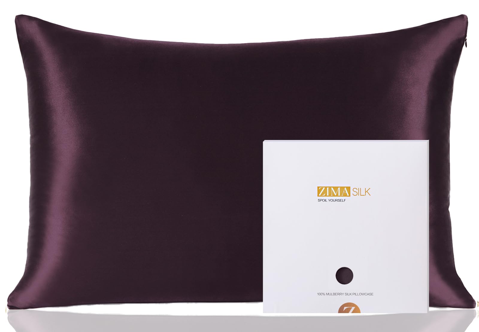 ZIMASILK pillowcase in eggplant purple showing luxurious silk texture for hair and skin.
