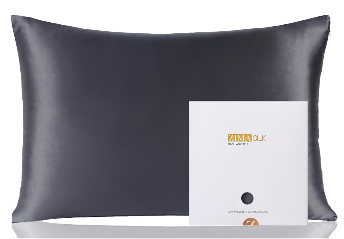 ZIMASILK pillowcase in dark gray shows queen size front view for luxurious sleep.