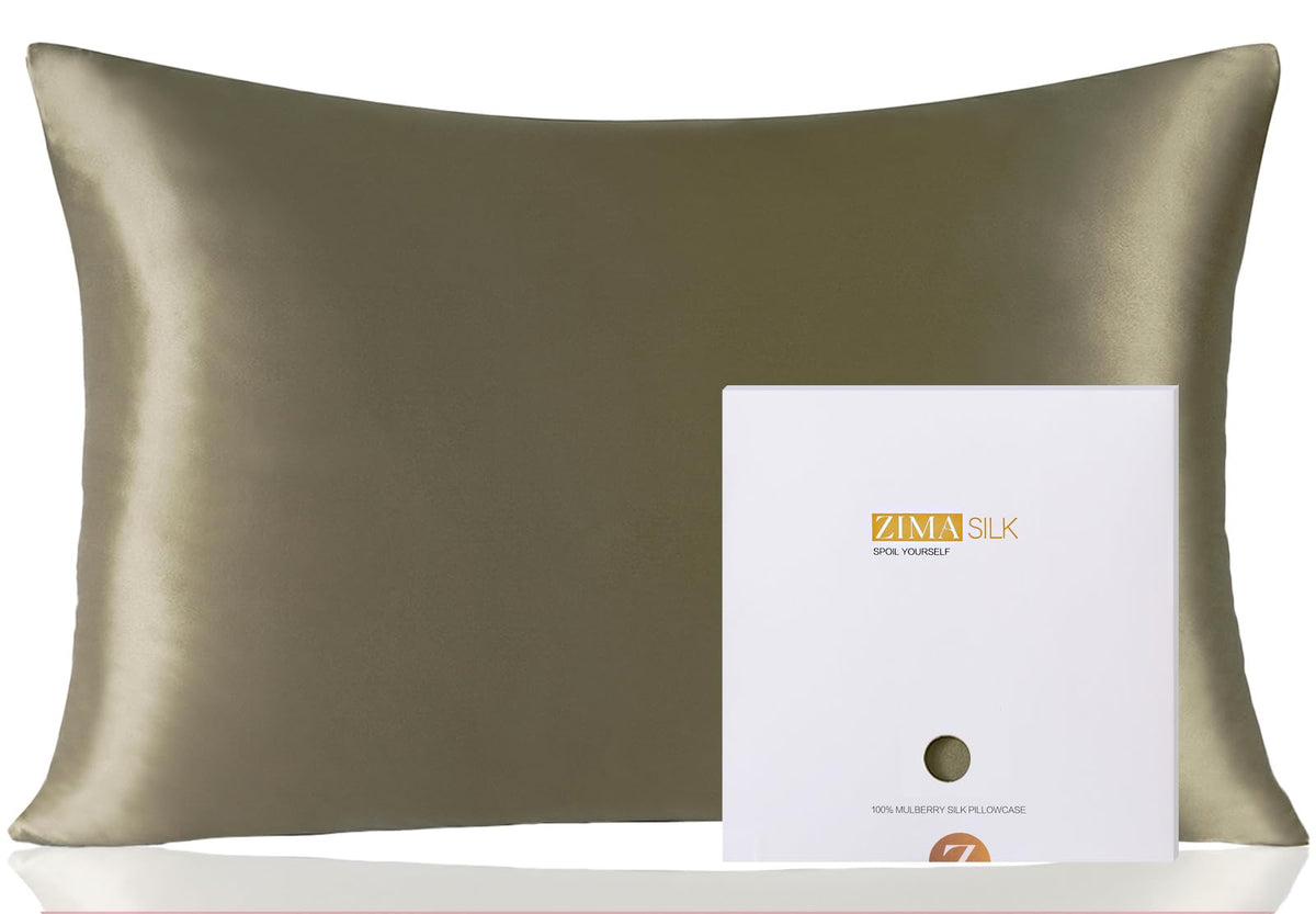 ZIMASILK olive grey queen pillowcase front view showing smooth silk texture for skin comfort.