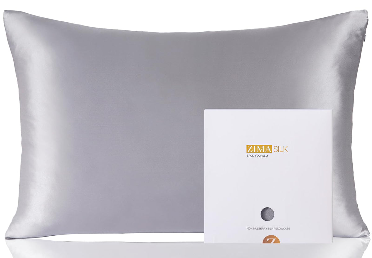 ZIMASILK pillowcase in silver grey with a smooth front view for skin-safe sleep