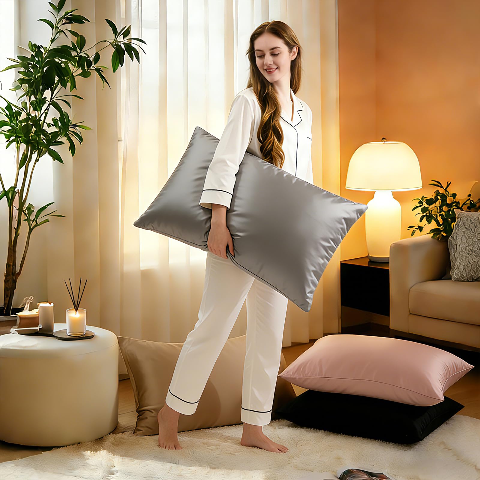 ZIMASILK grey standard 20x26 pillowcase on bed for a refined look
