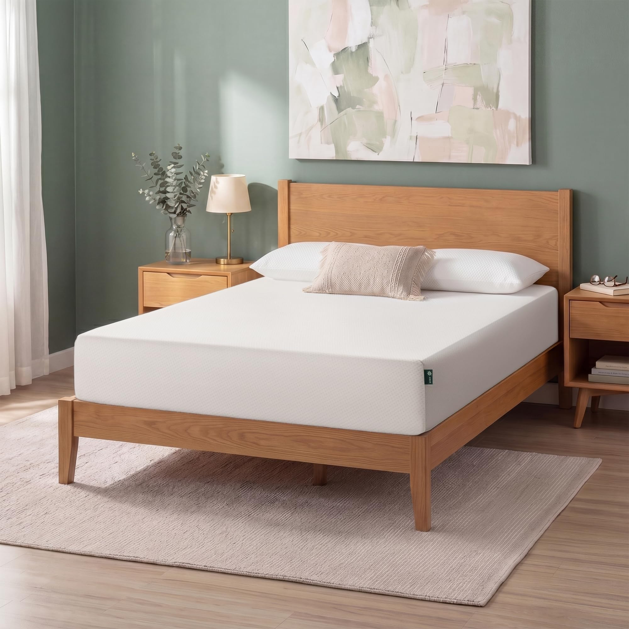 Zinus 6-inch full green tea memory foam mattress in a box for easy setup.