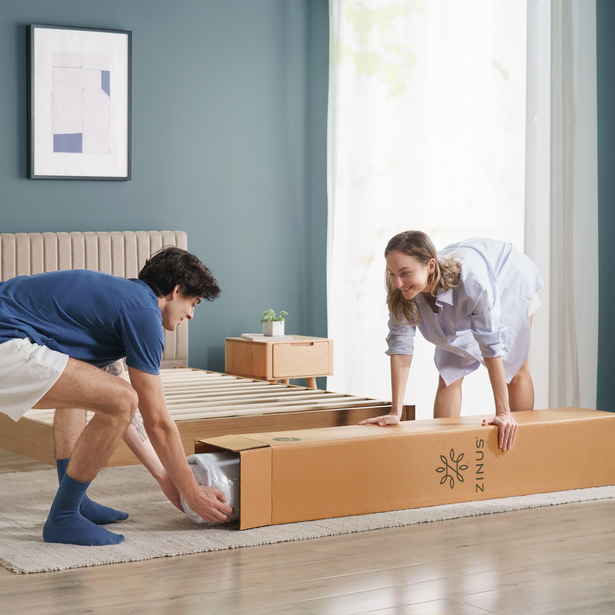 Zinus bedroom scene with mattress on frame for ready-to-sleep setup.