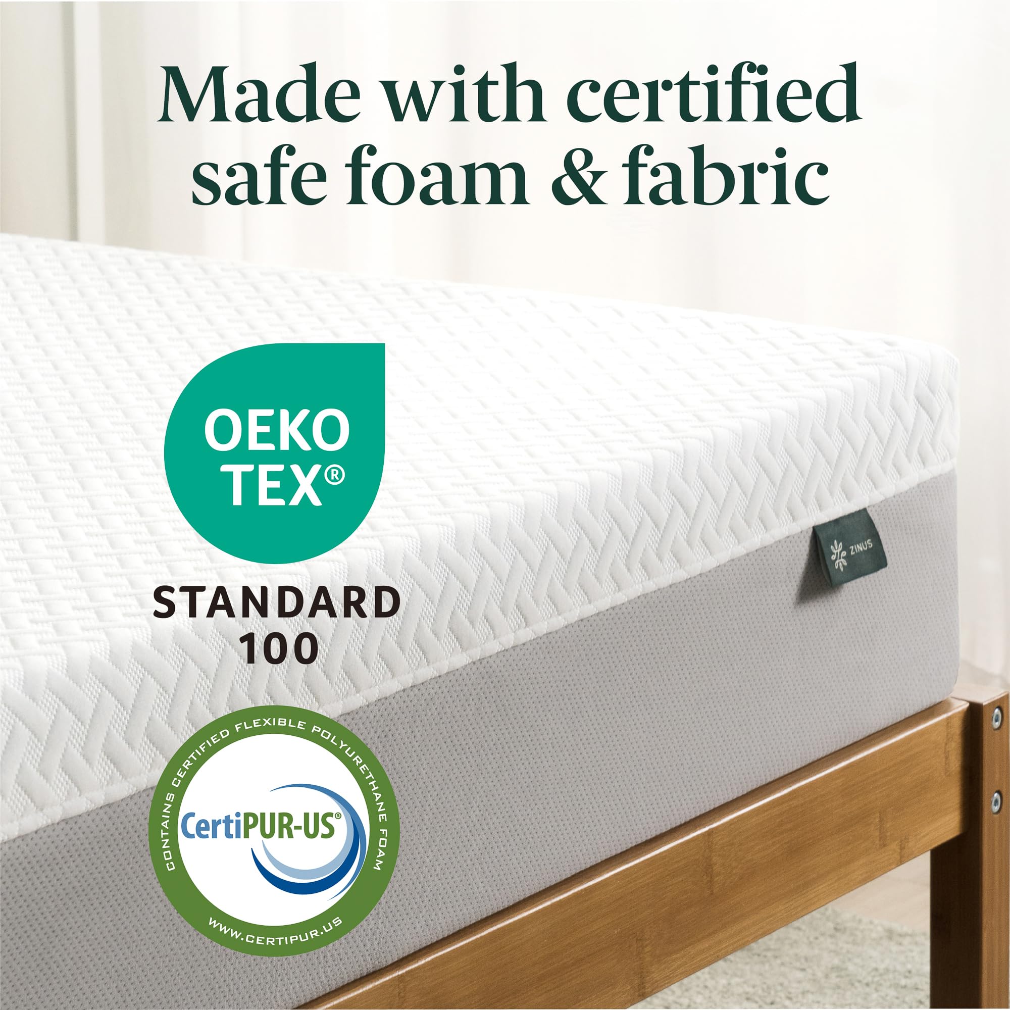 Zinus Green Tea Essential memory foam mattress side profile highlights medium feel support.