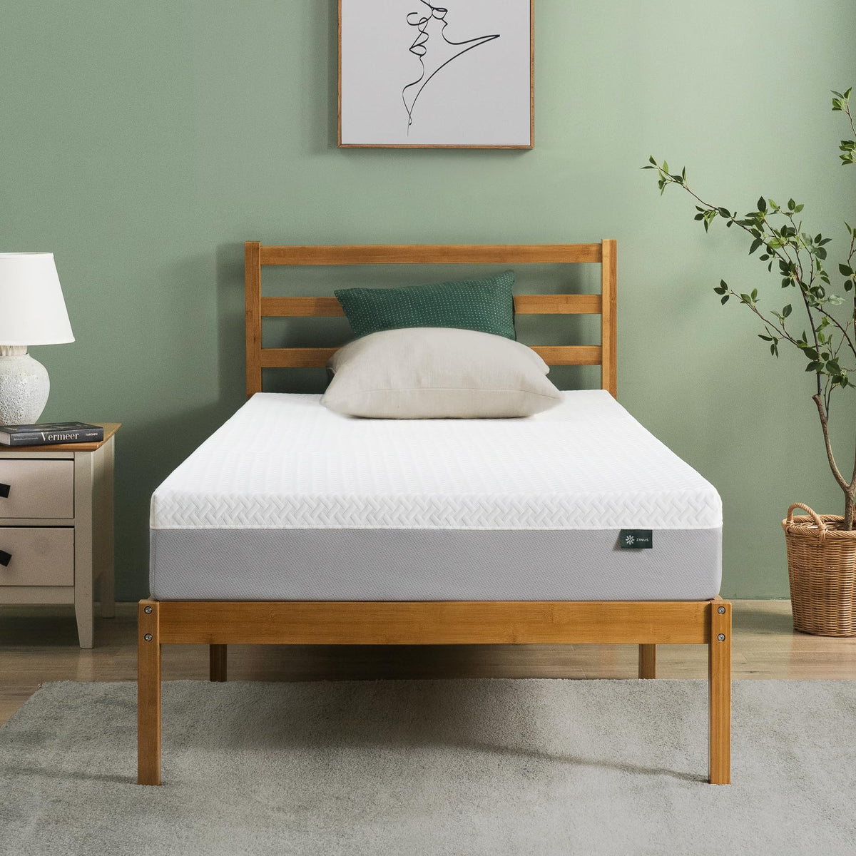 Zinus Green Tea Essential memory foam mattress top view shows breathable design for cool nights.