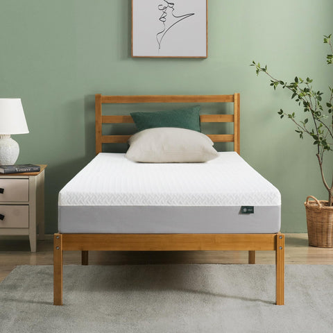 Zinus Green Tea Essential memory foam mattress top view shows breathable design for cool nights.