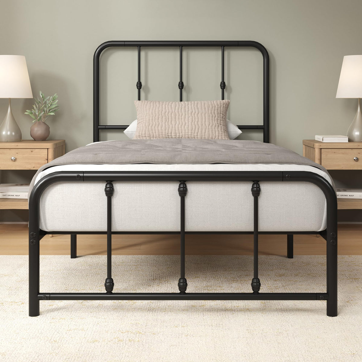 Zinus Leonardo twin bedframe with spindle headboard, elegant Victorian-inspired detailing