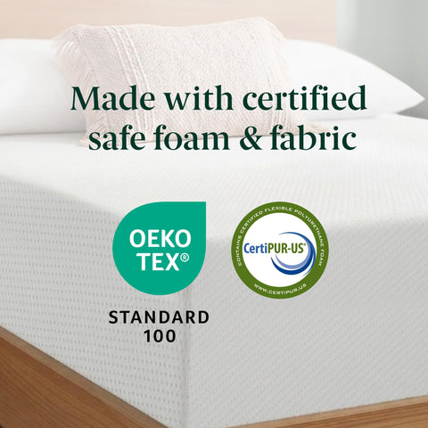 OEKO-TEX certified cover on Zinus mattress highlighting safe fabrics.