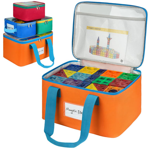 ZIOZERTT magnetic tiles storage bag with mesh pocket keeps instructions visible and organized.