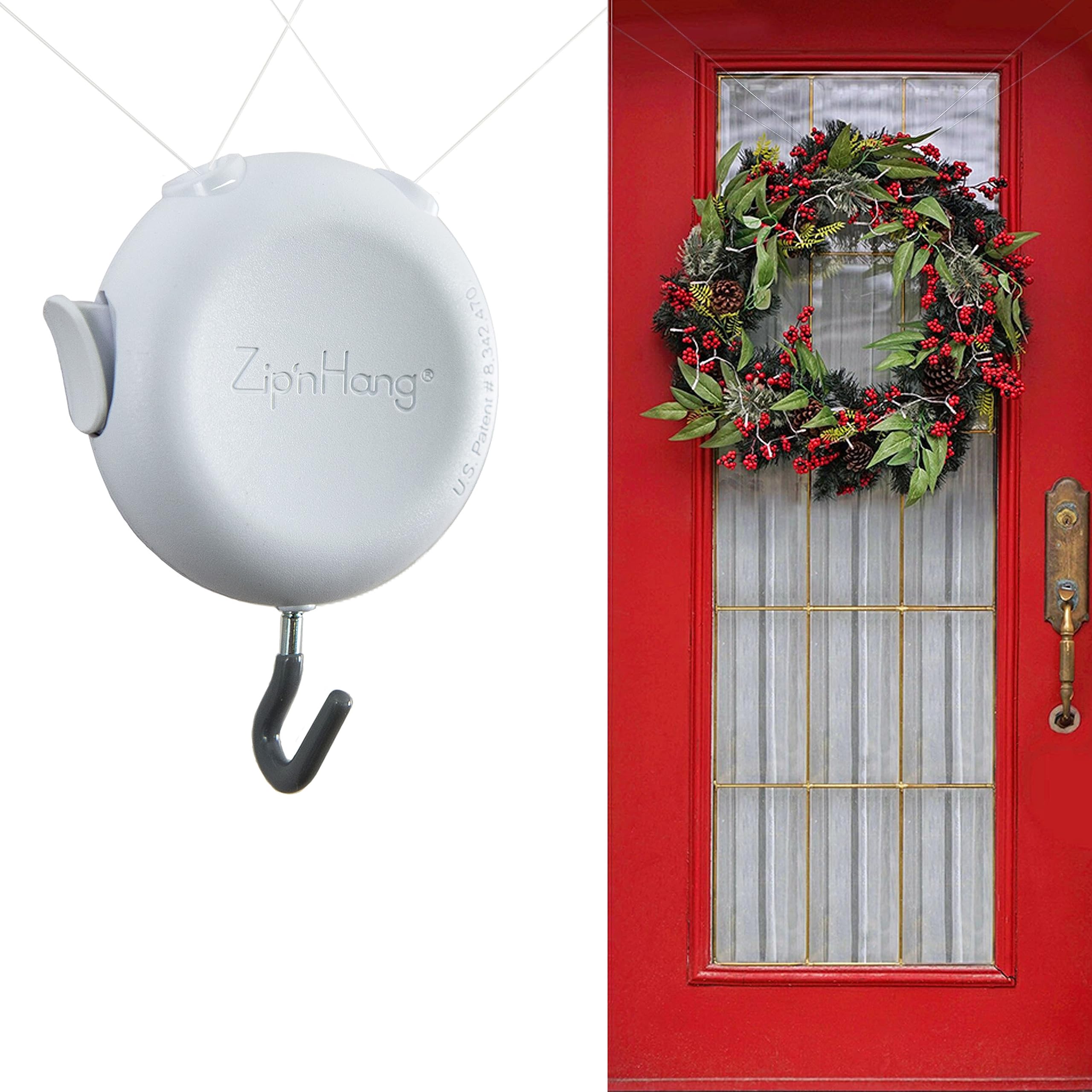 Zip 'n Hang front-door wreath hanger enables damage-free decoration
