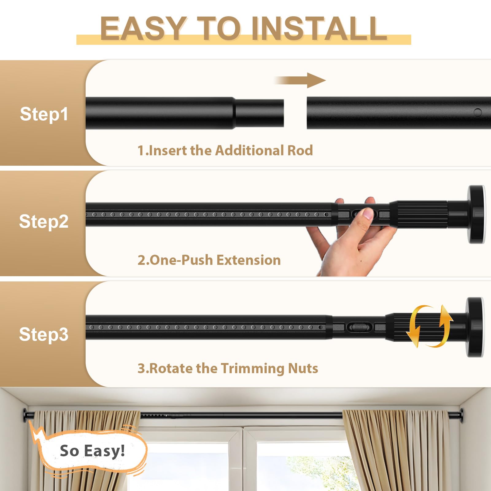 ZipGlo Tension Rod supports heavy curtains with stable, reliable hold