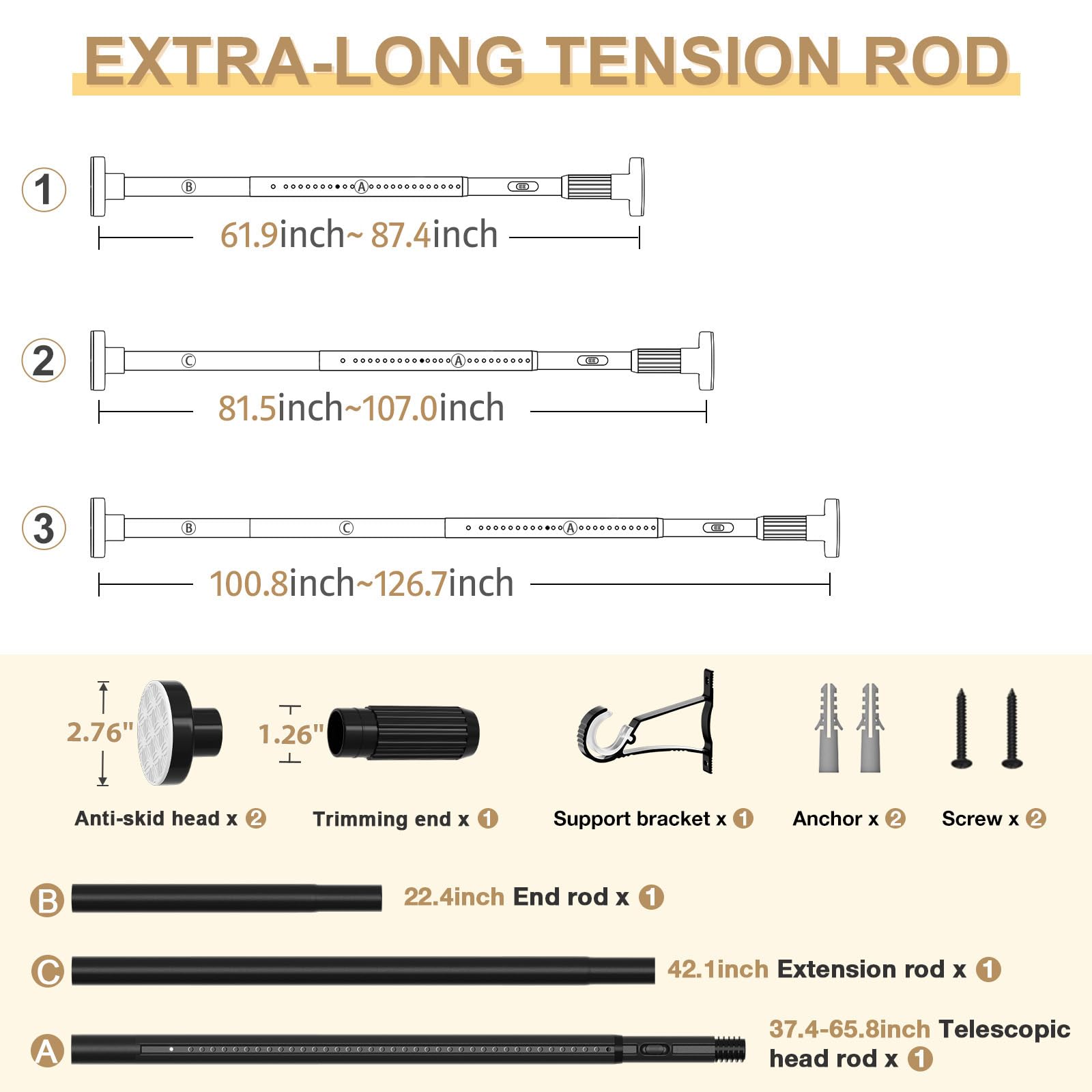 ZipGlo Black Tension Rod three-piece connection enables customizable spans