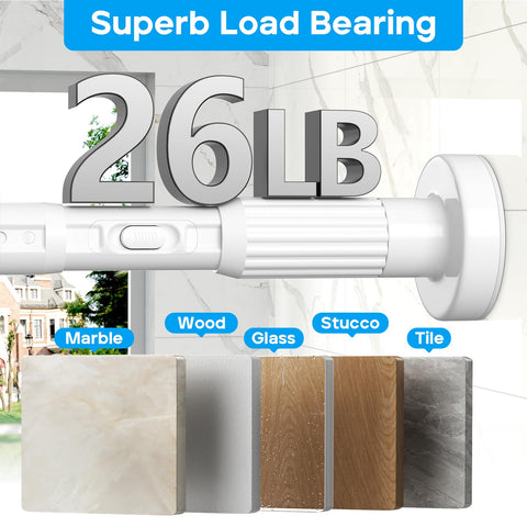 ZipGlo tension rod rust-proof white finish resists humidity in showers and bathrooms.