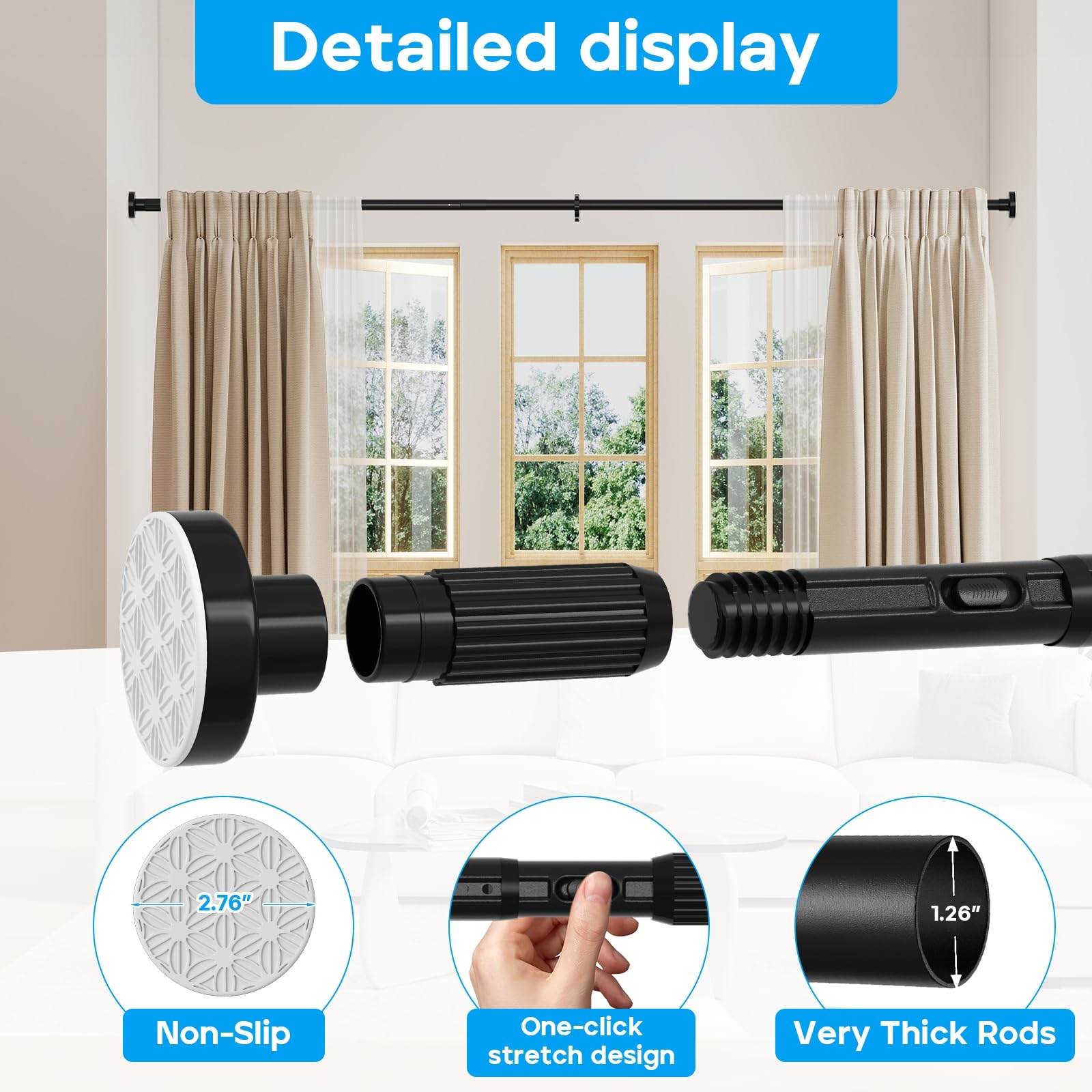 ZipGlo tension rod works on tile, glass, drywall, and wood without wall damage.