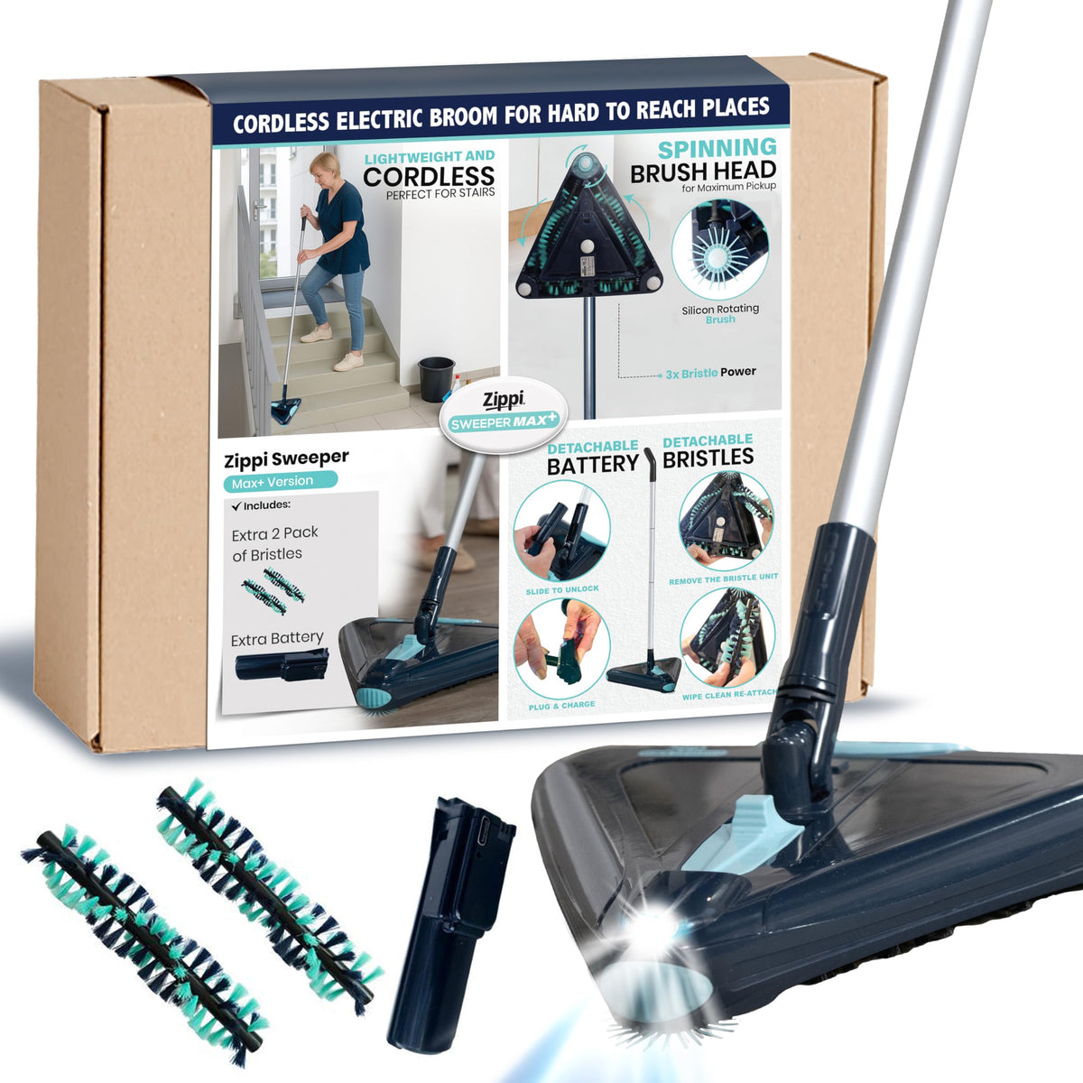 Zippi Sweeper Max Plus front view shows compact power for quick daily cleans.