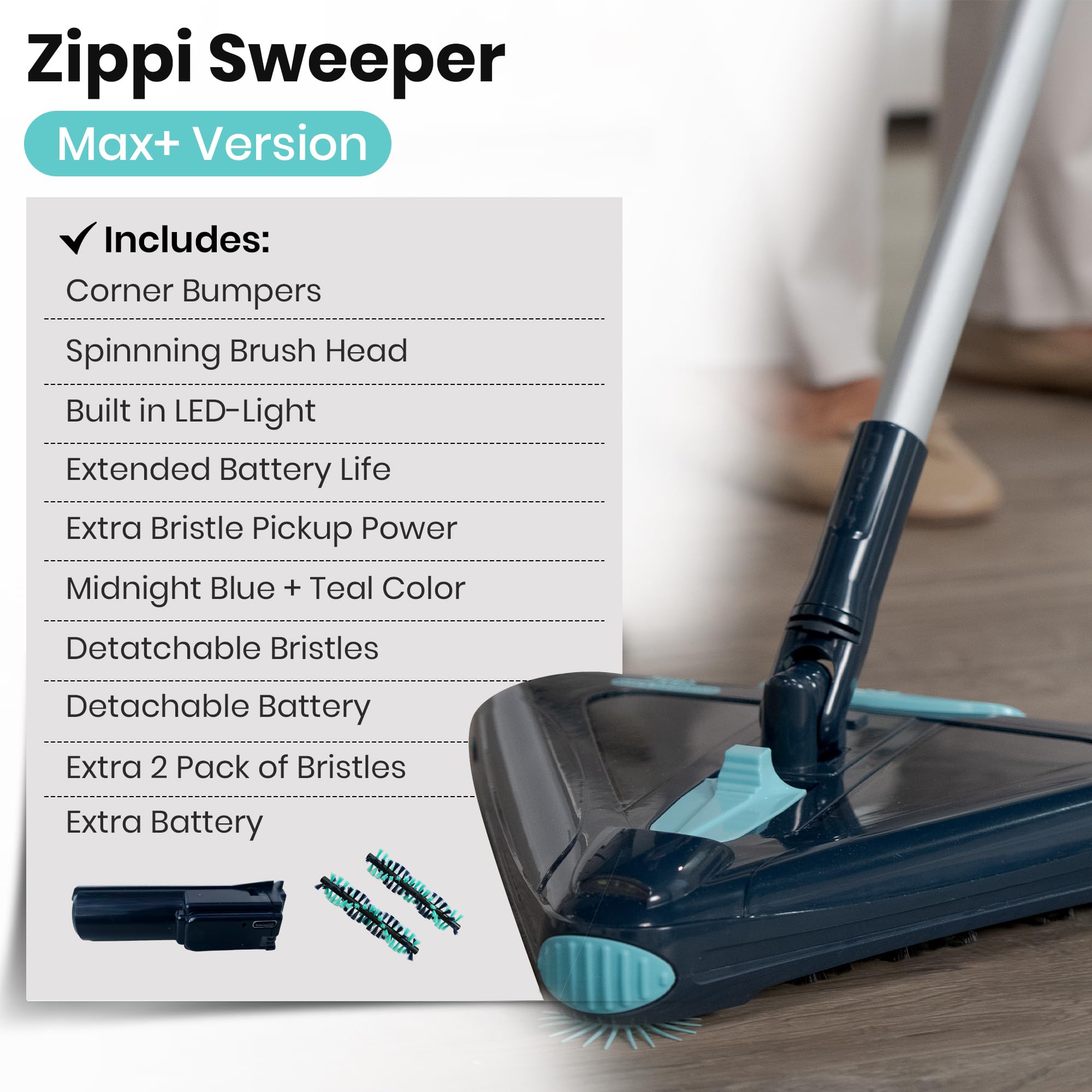 Zippi Sweeper Max Plus in-use around furniture and tight spaces.