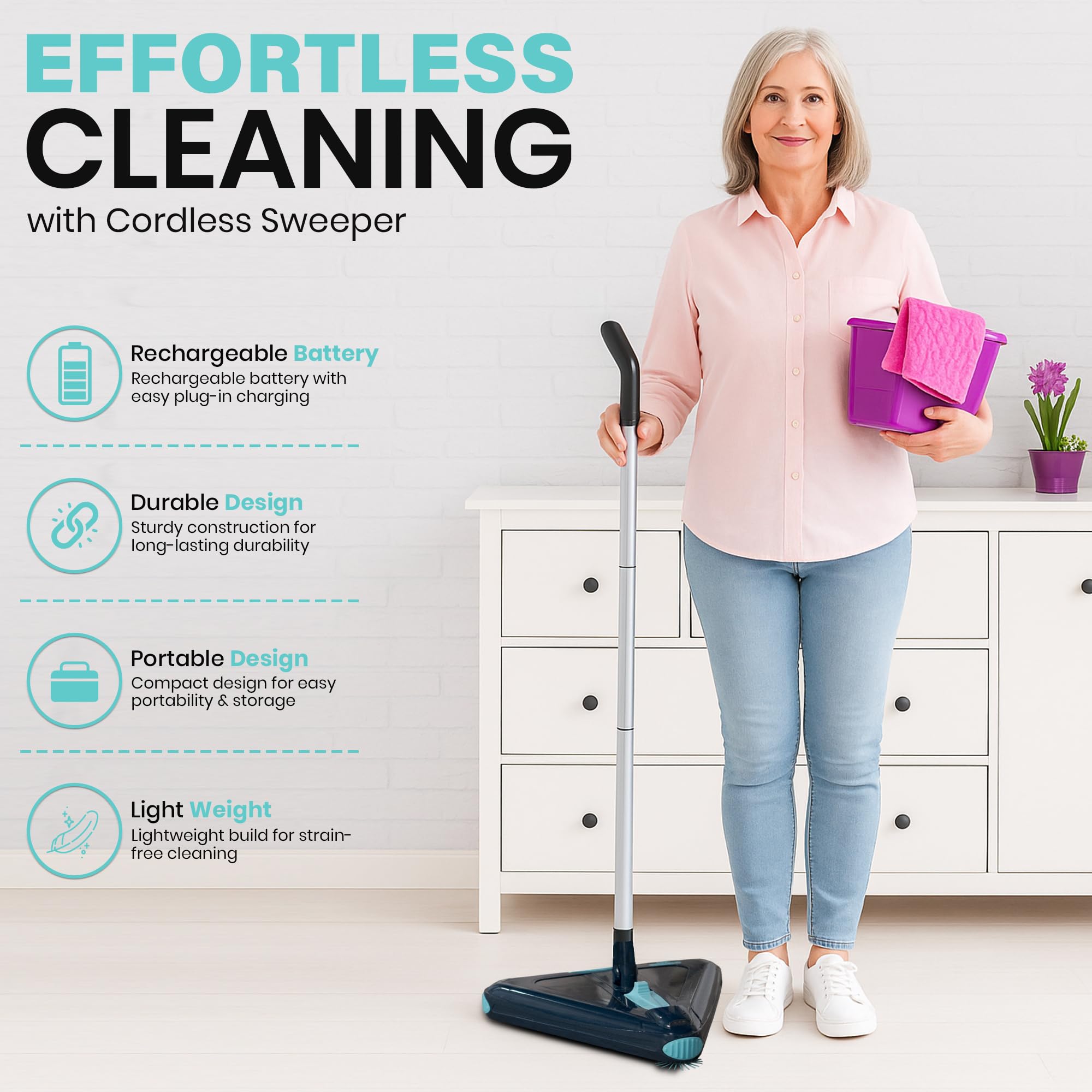 Zippi Sweeper Max Plus triangular design enables easy corner cleaning.