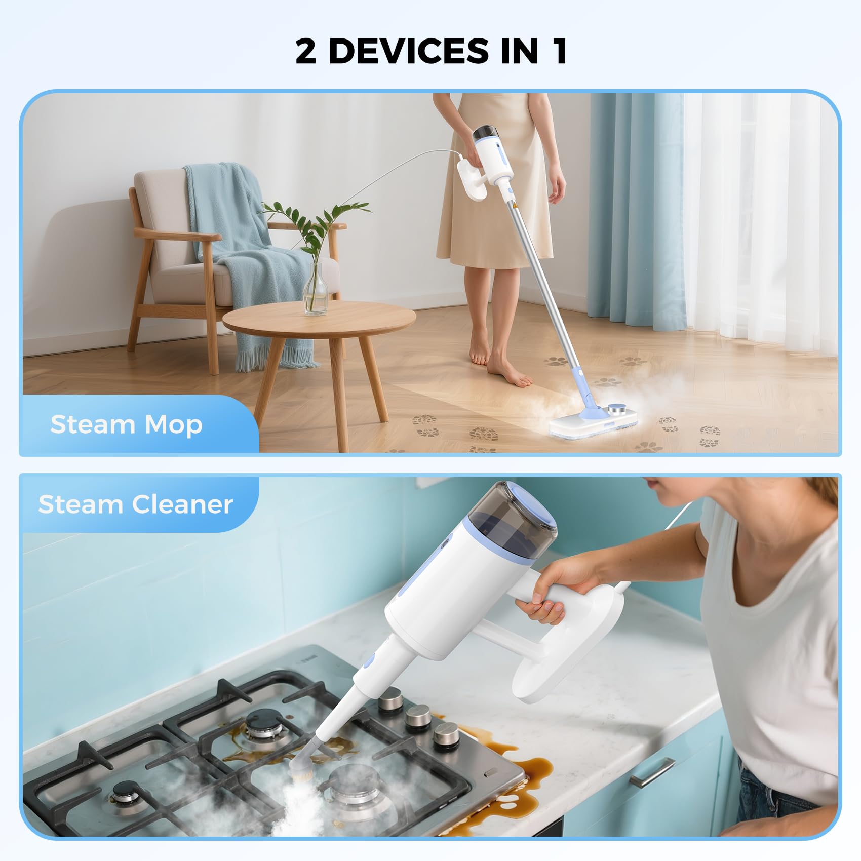 Zisgner front and bottom spray modes demonstrating targeted floor cleaning.