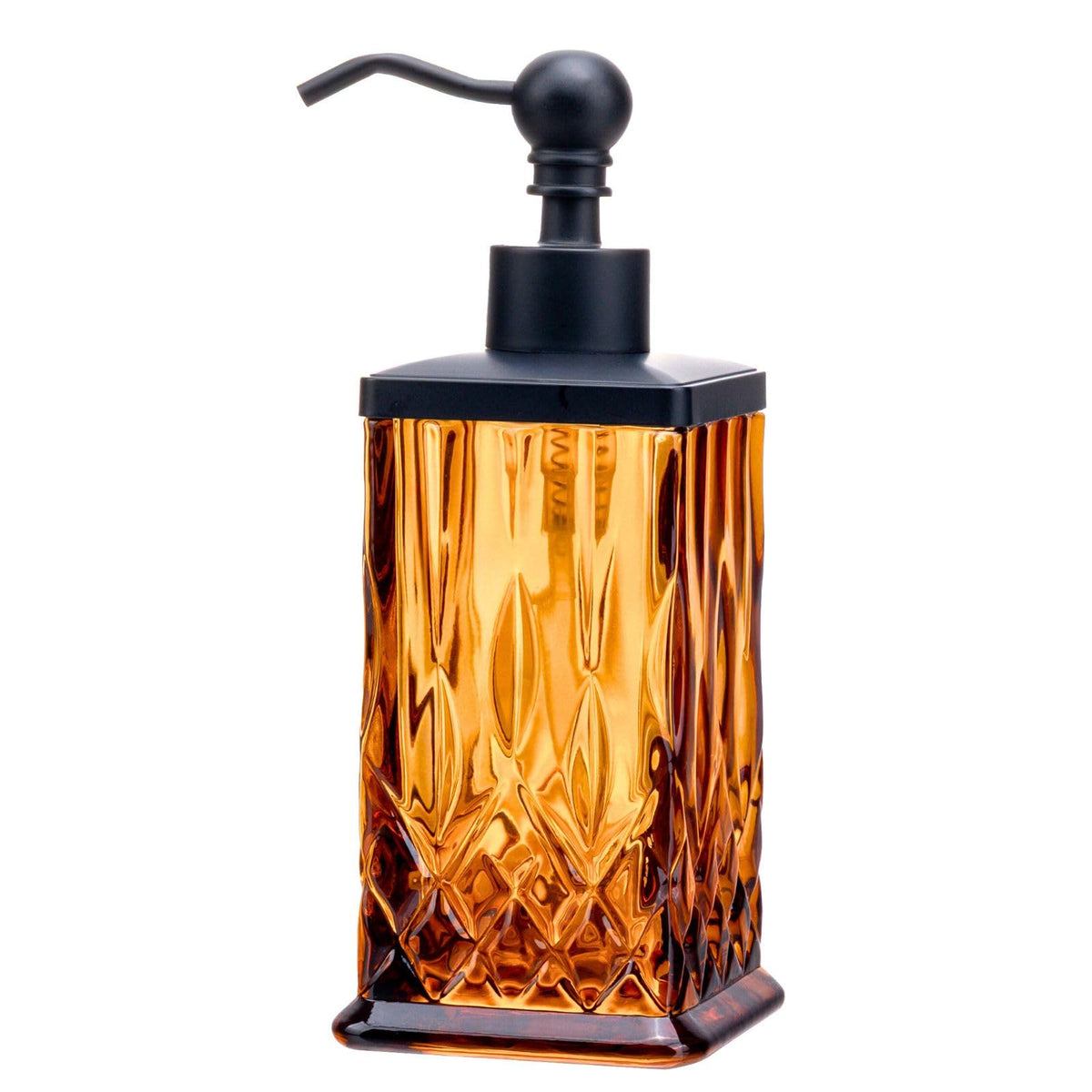 ZIVQEXMURL amber glass dispenser with square pump enhances bathroom organization.