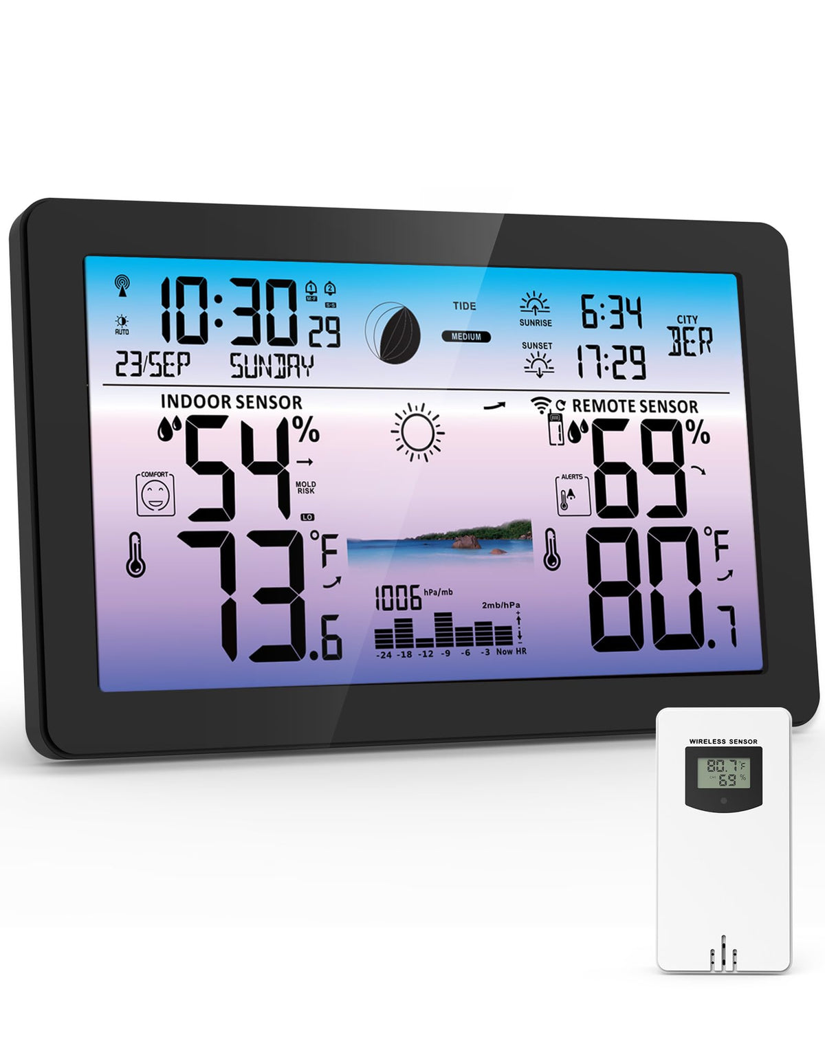 Zivron Weather Station 7.5-inch display shows temperatures and humidity clearly.