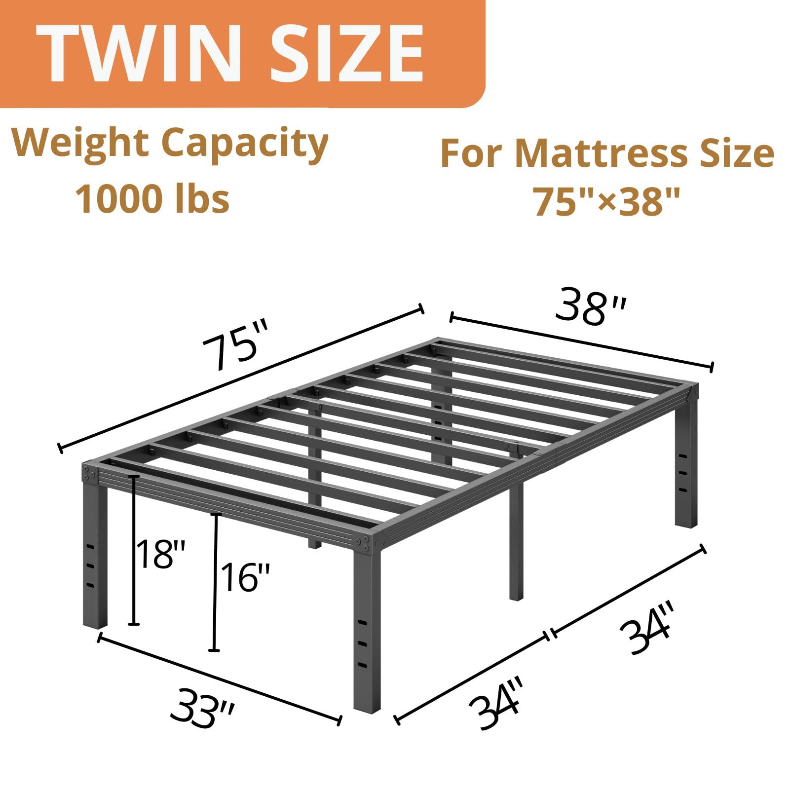 ZIYOO Twin Bed Frame's sturdy steel slats support up to 1,000 pounds for durable use.