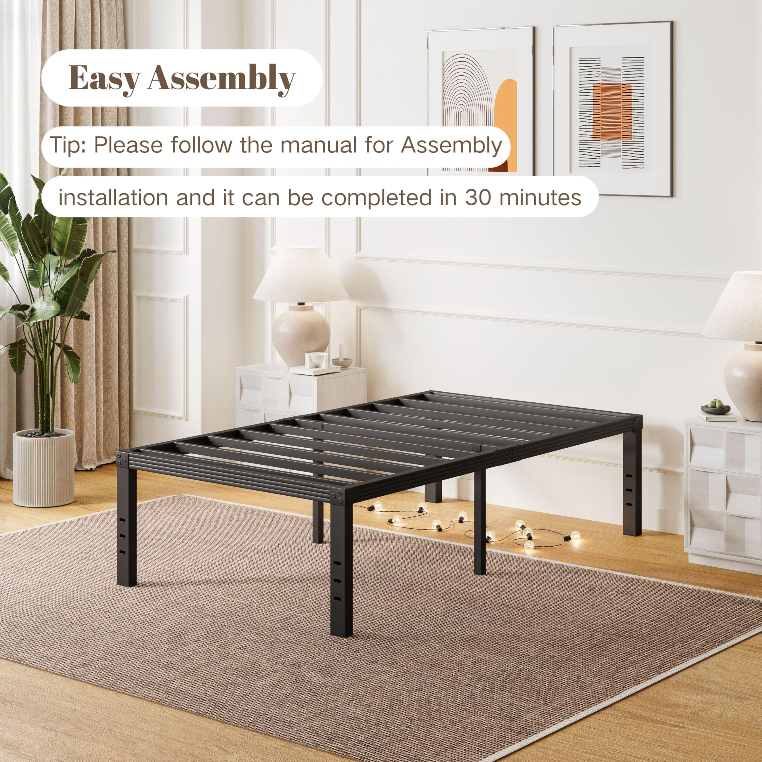 ZIYOO bed frame with 16-inch under-bed clearance for extra storage.