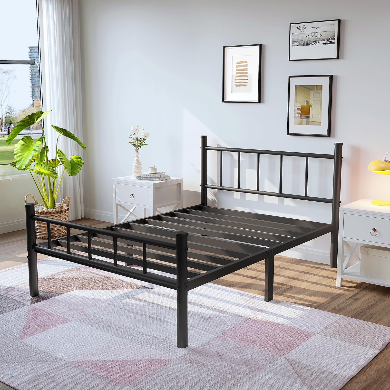 Zizin twin-size bed frame with footboard round-tube design for cohesive modern style.