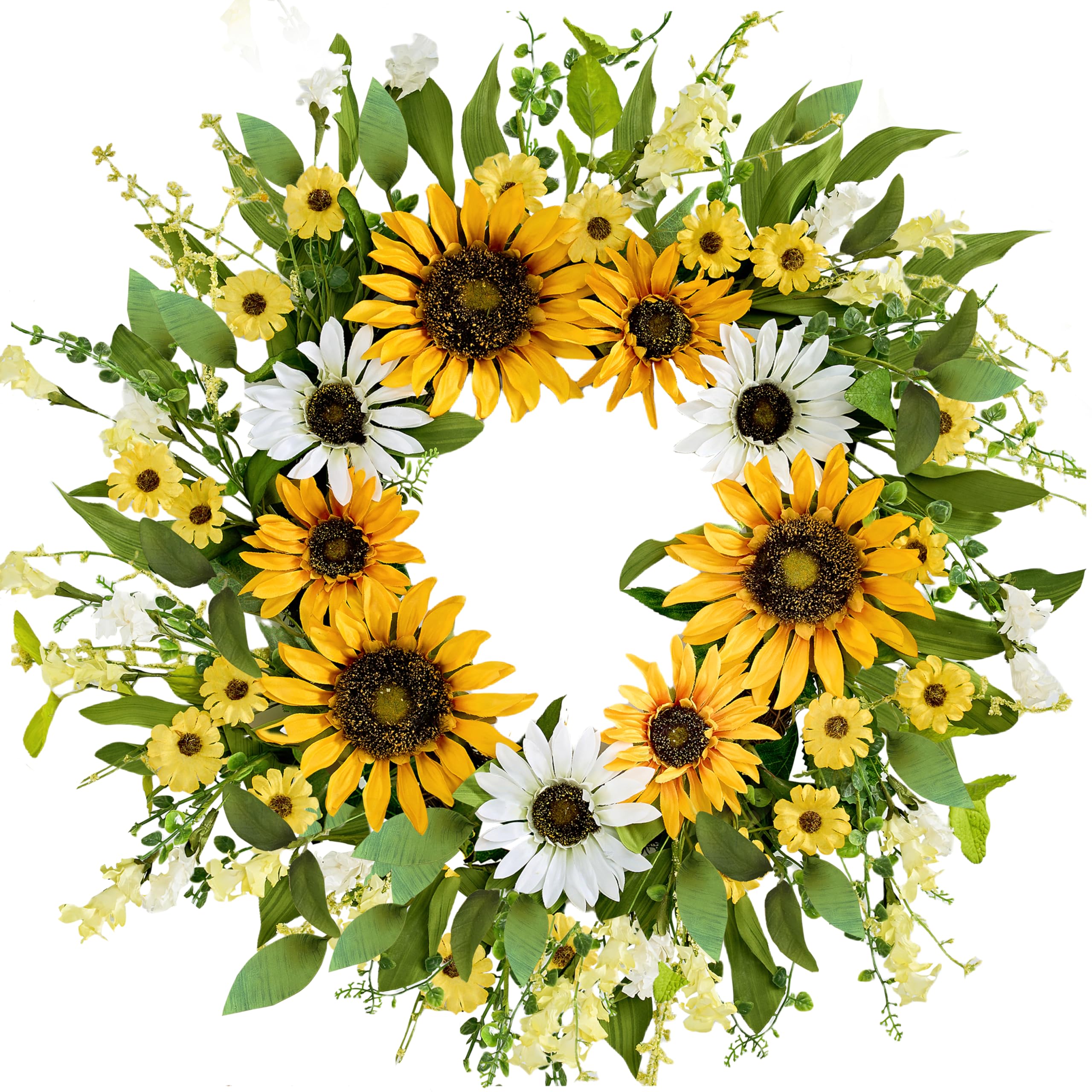 Zjlmit spring wreath with sunflowers and daisies brightens entry.