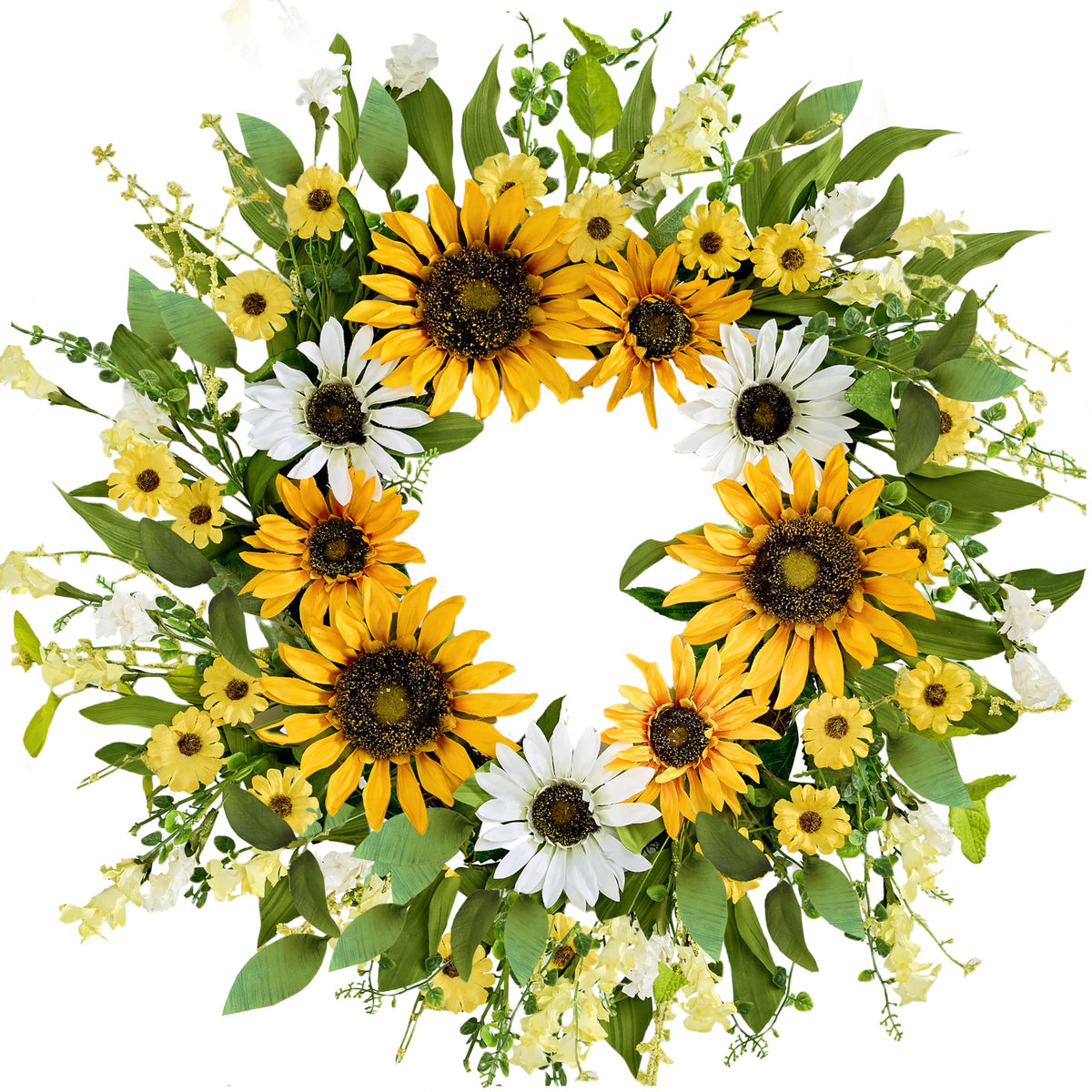 Zjlmit spring wreath with sunflowers and daisies brightens entry.