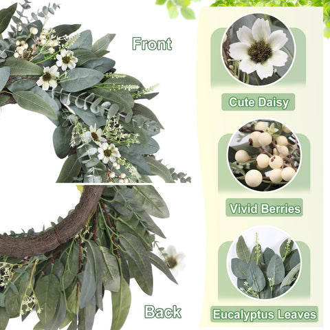 Zmtyykh artificial eucalyptus wreath with berries and daisies adds vibrant seasonal color.