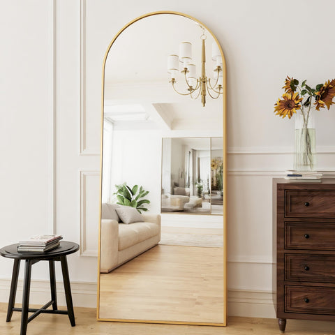 ZMYCZ arch full-length gold mirror back panel emphasizes safety features.