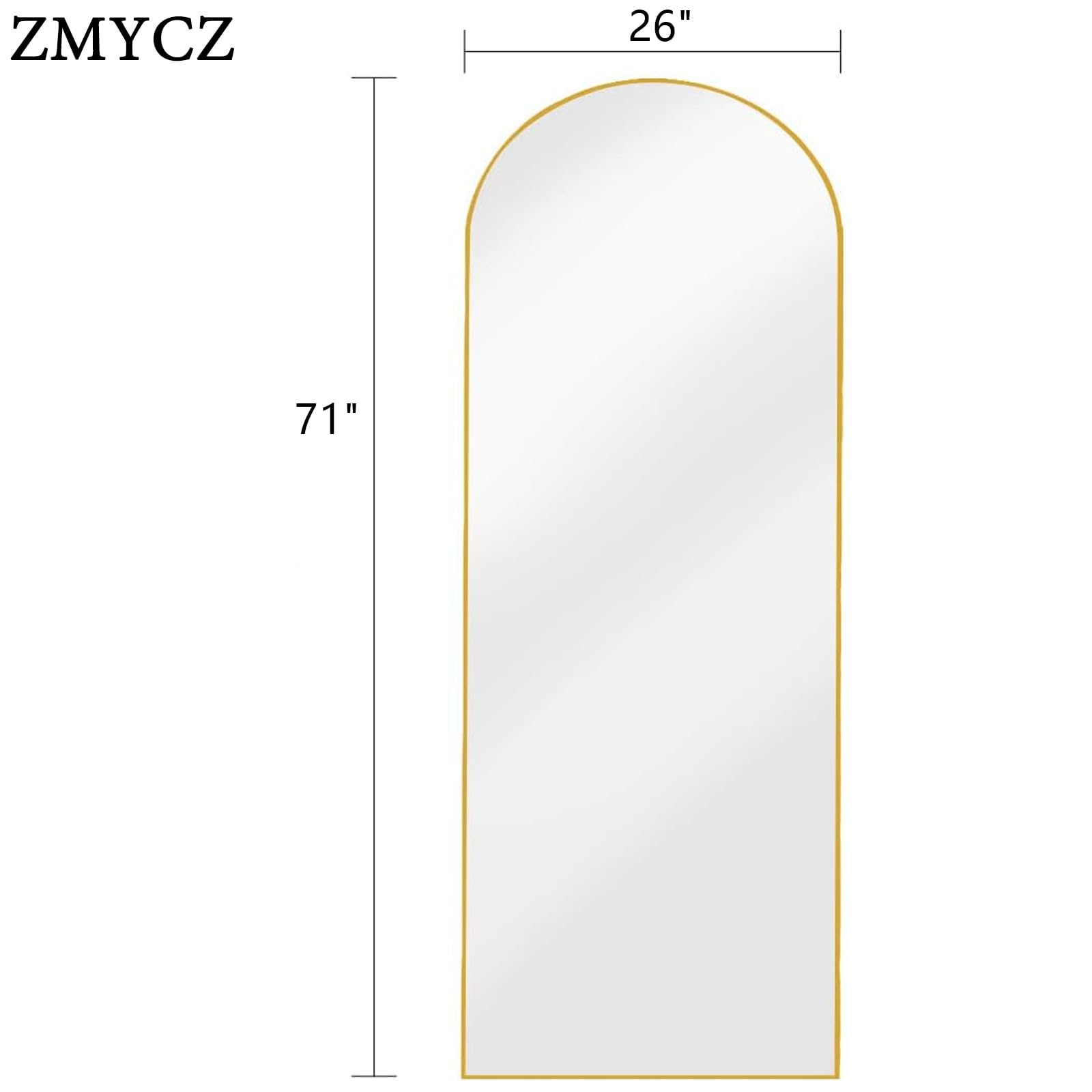 ZMYCZ arch full-length gold mirror side view highlights slim aluminum frame.