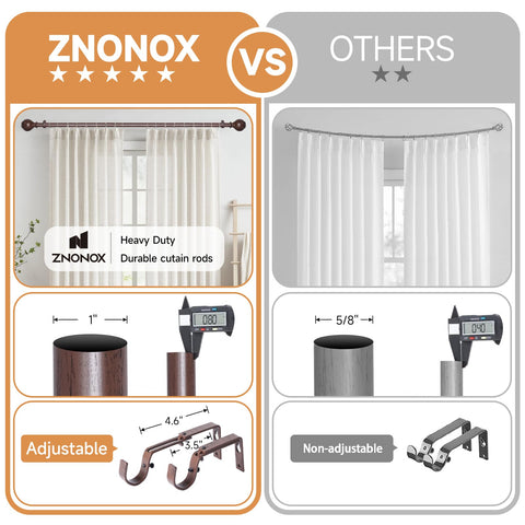 ZNONOX wood curtain rod includes brackets and finials for easy installation and secure mounting.
