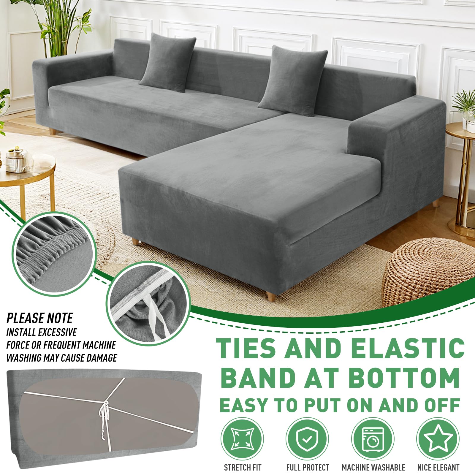 Elastic bottom of ZNSAYOTX couch cover providing secure, non-slip fit for L-shaped sofa