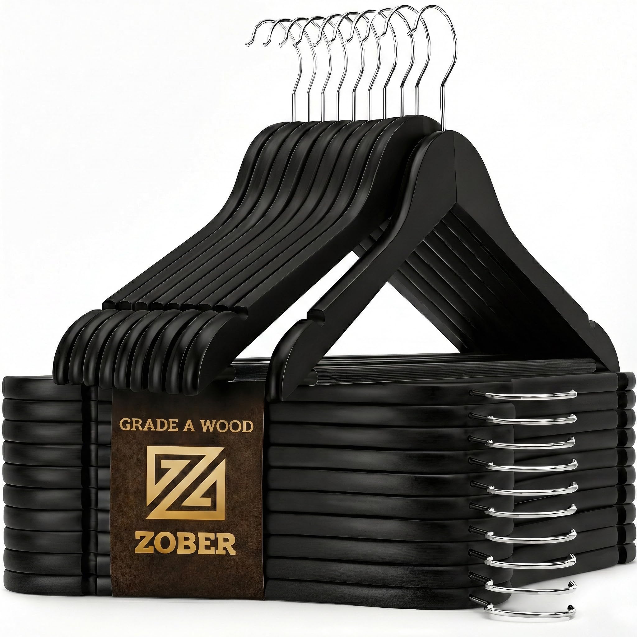 Zober black wooden hanger for coats and jackets with strong, stable support.