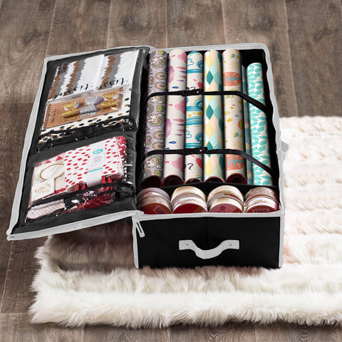 ZOBER gift wrap organizer 24-roll capacity with durable 600D Oxford material.