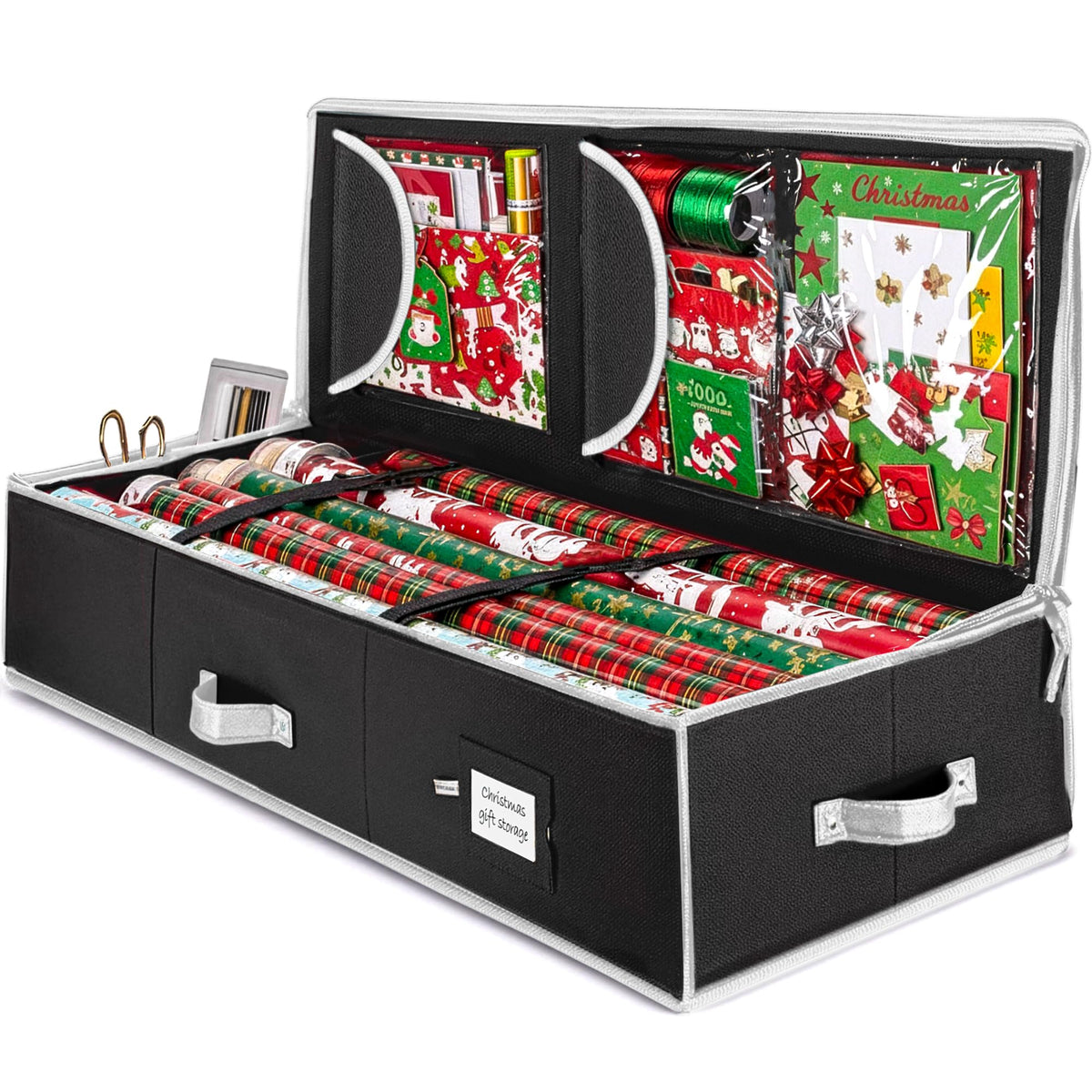 ZOBER gift wrap organizer front view showing 24-roll capacity and neat storage.