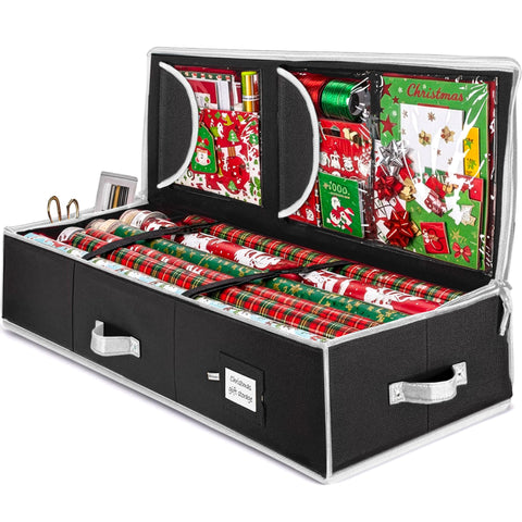 ZOBER gift wrap organizer front view showing 24-roll capacity and neat storage.