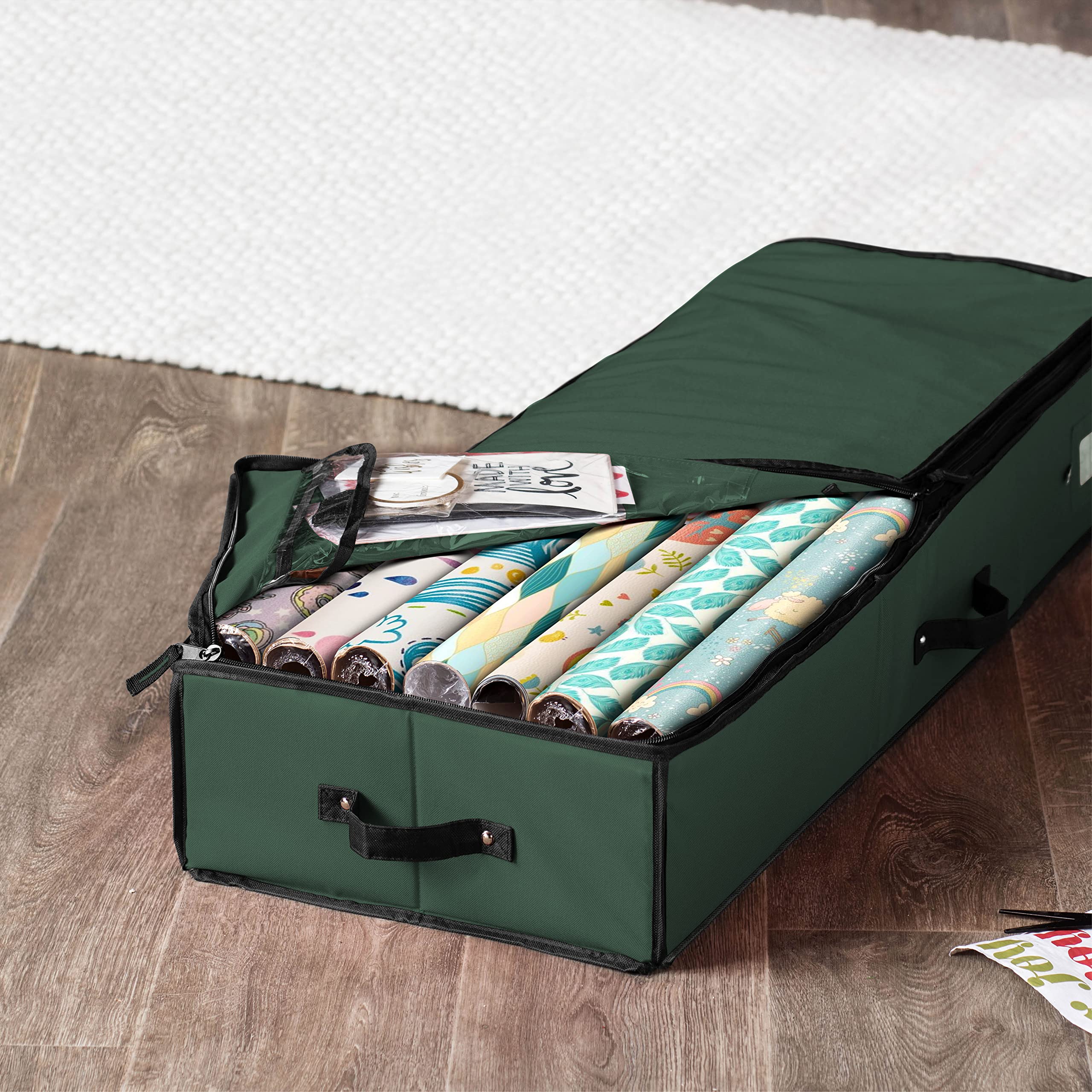 ZOBER gift wrap organizer interior pockets keep bows and tags neatly arranged.