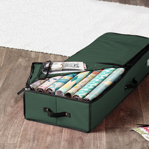 ZOBER gift wrap organizer interior pockets keep bows and tags neatly arranged.