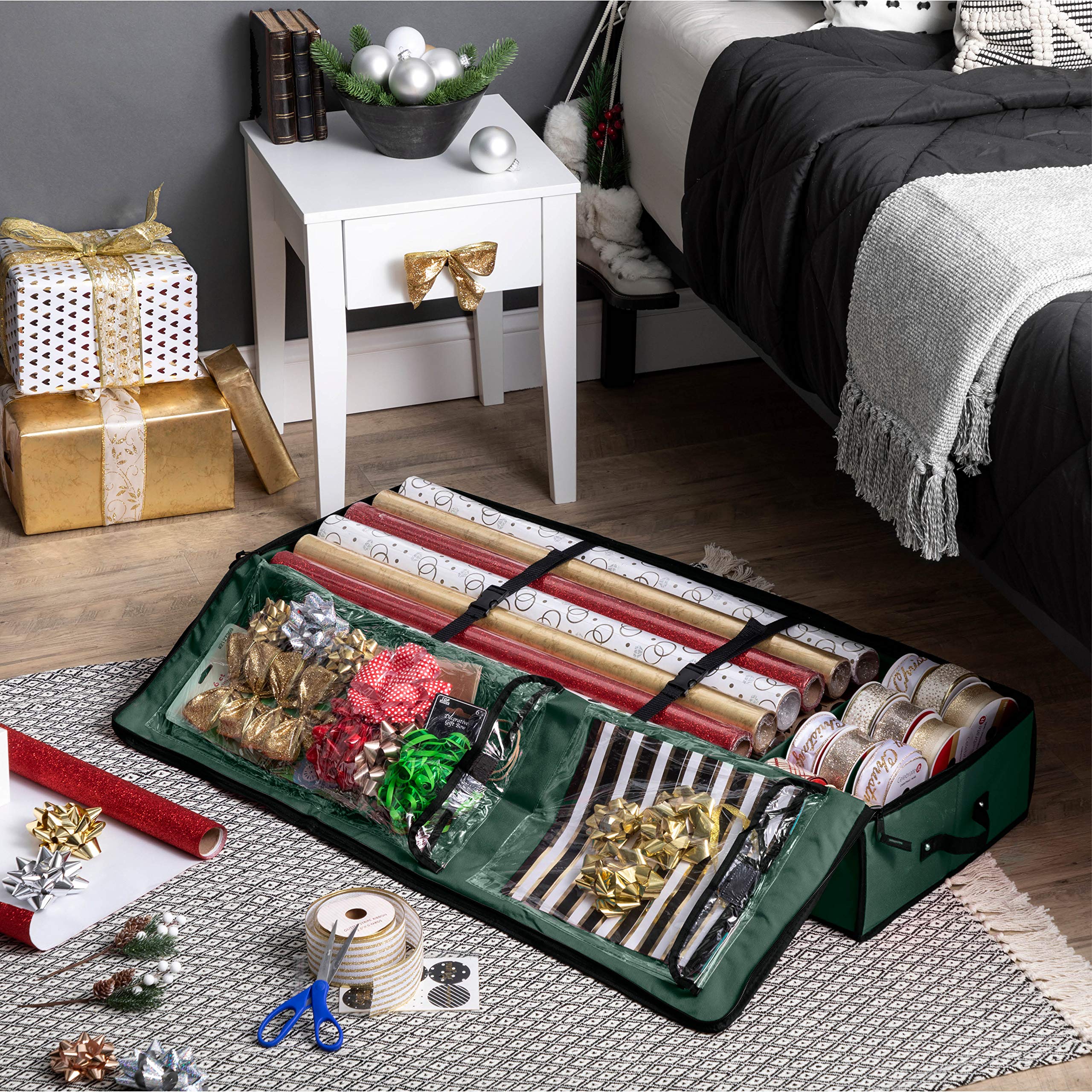 ZOBER gift wrap organizer lid open view highlights easy access to supplies.