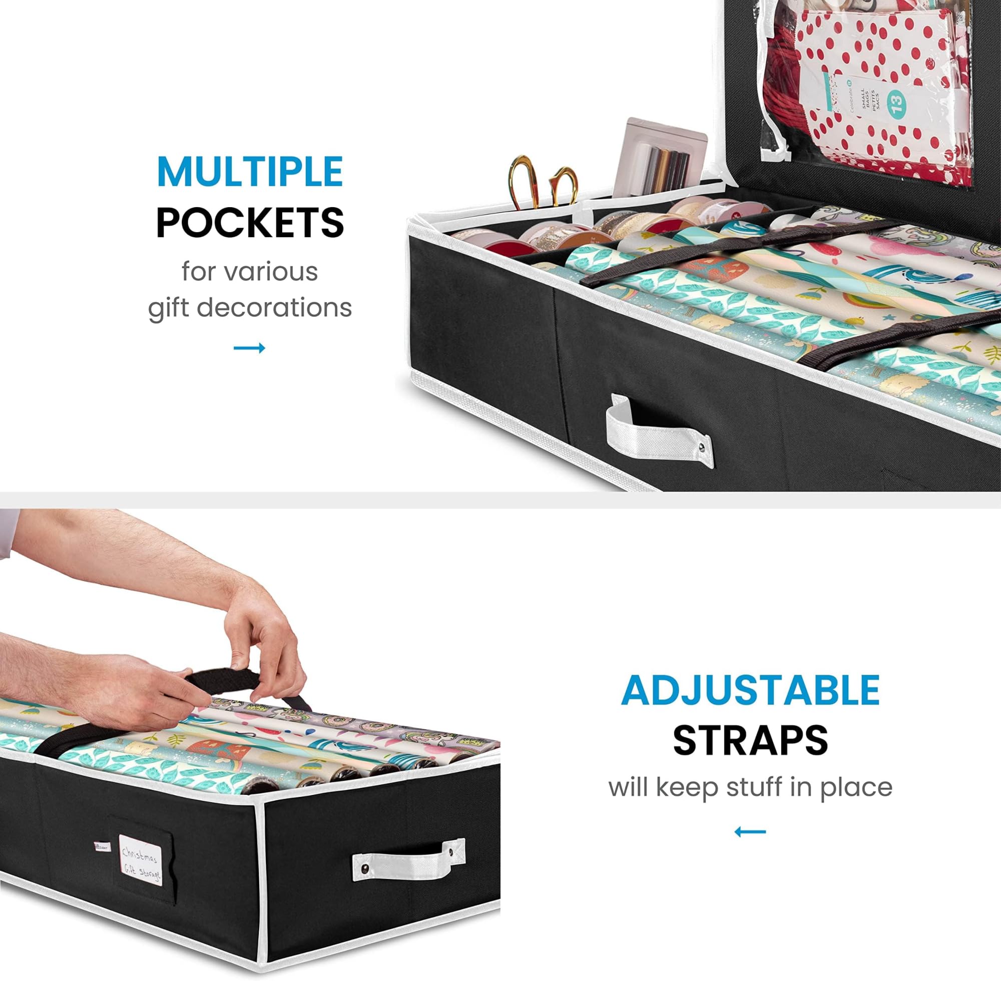 ZOBER gift wrap organizer side view highlighting slim, space-saving profile.