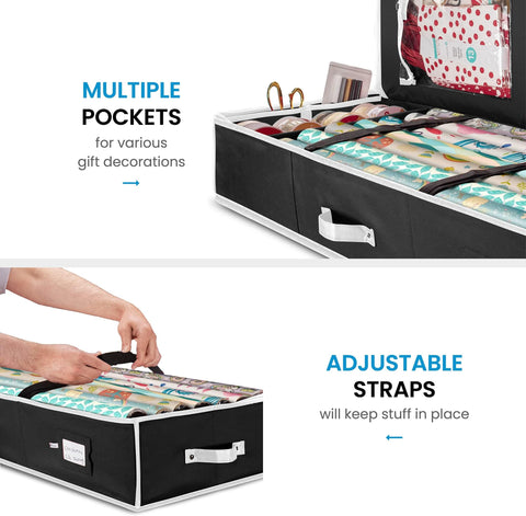 ZOBER gift wrap organizer side view highlighting slim, space-saving profile.